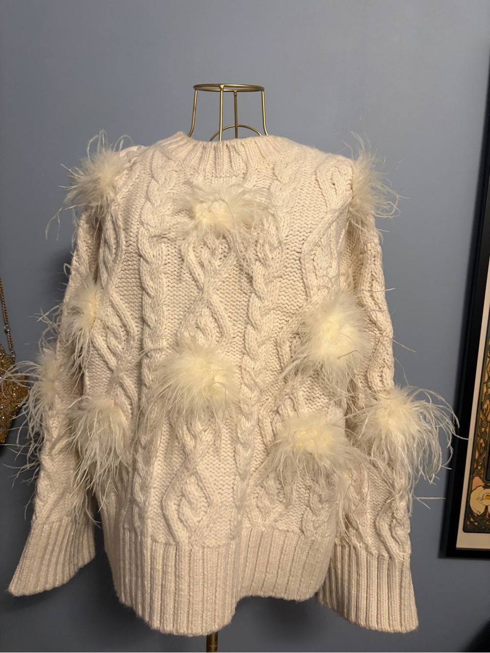 Cream Cable-Knit Feather Pom Sweater - Women's